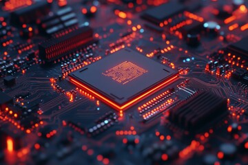Poster - macro shot of microprocessor unit of computer hardware system, closeup of central processing unit in