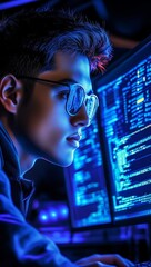 Aufkleber - Continually focused programmer using multiple computers in dark office. Conceptual image of a programmer working on multiple screens.