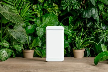 Poster - Mockup of a smartphone with a blank screen and a green plant on a wooden table