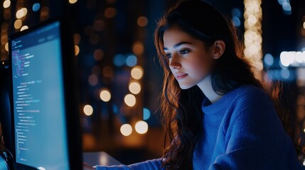 Fototapete - The women compared coding a website software system project, which is similar to typing a full stack of data prompts, with the work of a man developer at a computer.