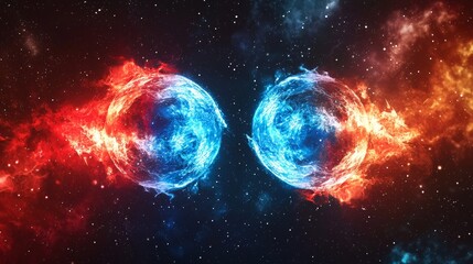 Aufkleber - A colorful depiction of two proton particles colliding on a black background.