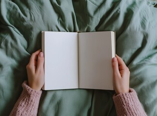 Sticker - Blank book mockup with cover. Hand holding white paper template with woman's background design.