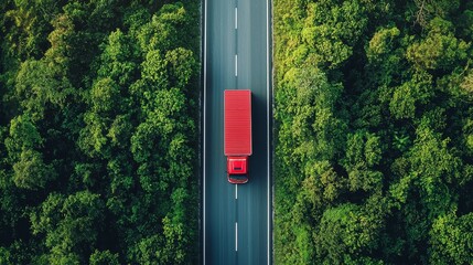 Poster - Aerial view of green forest from the top of a car driving on a highway road.