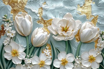 Wall Mural - Beautiful spring flowers on pastel blue tabletop. Greeting card for International Women's Day. Flat lay.