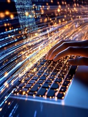 Poster - Soft office background, close-up of a hand typing on a keyboard, AI software analyzing IT vendor risks,