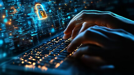 Fototapete - A digital padlock icon, cyber security technology network, and data protection technology on a virtual dashboard. Internet authorized access against cyber attacks.