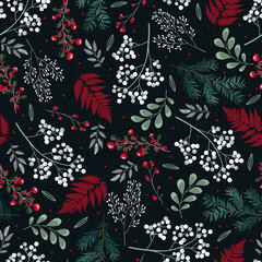 Wall Mural - Merry Christmas, Happy New Year seamless pattern with leaves and berries for greeting cards, wrapping papers. Seamless winter pattern. Vector illustration.