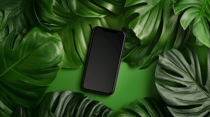 Poster - In front of a tropical foliage background, a smartphone sits in the sunlight. Its screen is cast in shadows by sunlight.