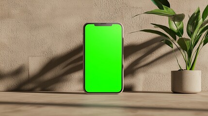 Leinwandbilder - On a wooden table with a plant in the background, a smartphone with a green screen sits.