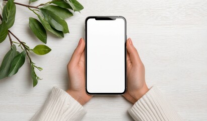 Poster - The hand of a visitor holding a blank smartphone screen over a restaurant table is ordering food online, while a mock up screen shows the design.