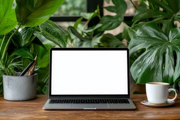 Sticker - A mockup of a laptop computer with a blank white desktop screen on a wooden table