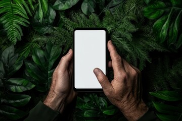 Poster - The image shows a woman's hand holding a phone in hand surrounded by a blurry garden. I have created a blank screen mock up mobile phone for your advertisement artwork concept.