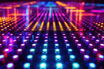 Poster - Vibrant array of colored lights creating an abstract pattern on a reflective surface, ideal for conveying energy and innovation.