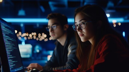 Leinwandbilder - A smart female information technology (IT) professional is working on a desktop computer in the control room of a data center. A group of young professionals is doing code programming on the