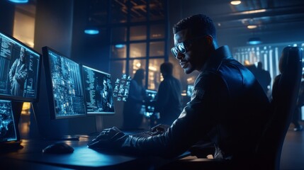 Sticker - A data center technician works on a computer with monitors showing a coding language program.