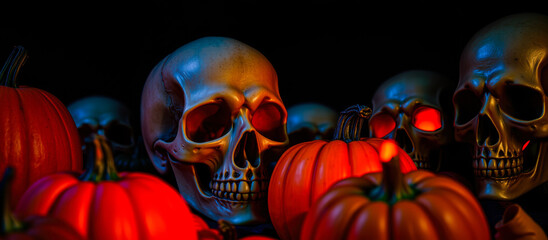 Wall Mural - group skulls pumpkins lit red blue light