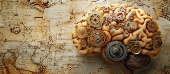 Intricate Steampunk Brain with Gears on Vintage Map Background Illustrating Creativity and Innovation