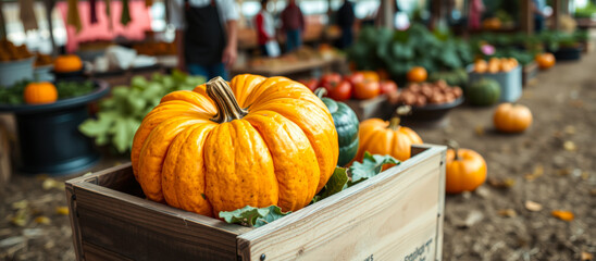 Wall Mural - large pumpkin sits a wooden crate