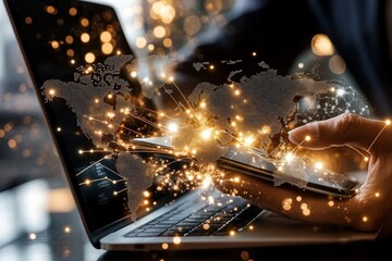 Aufkleber - Digital tablet in the hands of a modern businessman. Double exposure, global network concept.