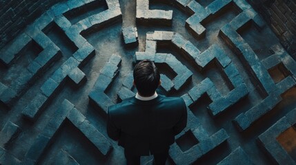 A businessman looking at a maze from above, symbolizing navigating complex business strategies and decision-making, searching for the right path toward the goal.