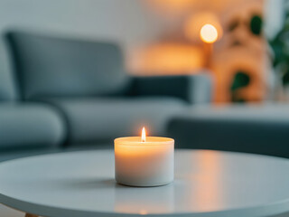 Aufkleber - Lit candle burning on an empty table in a cozy living room, creating a relaxing atmosphere