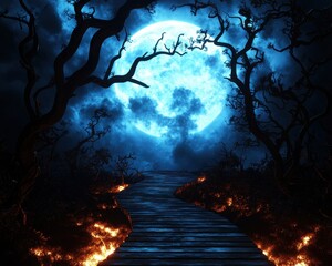 Poster - Moonlit path through dark trees