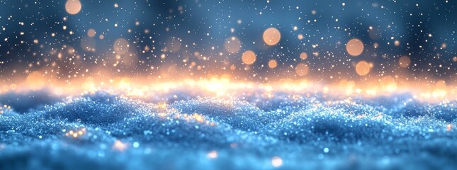 Poster - Stunning winter snowdrift background, snowflakes on a blue sky, bokeh circles around the edges, banner format, copy space.