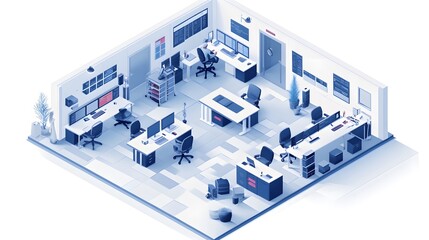 a modular isometric design of a tech-savvy office, where desks, computers, and furniture are all int