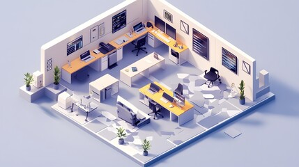 a modular isometric design of a tech-savvy office, where desks, computers, and furniture are all int