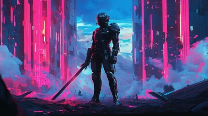 A futuristic warrior in sleek black armor standing on a high-tech battlefield, neon lights illuminating the sky, intense action, digital art, vibrant colors