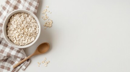 Wall Mural - A bowl of oatmeal with a wooden spoon and a checkered napkin on a white background.