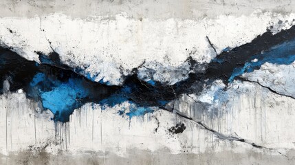 A high-contrast abstract scene with cracks splitting a concrete wall, overlaid by dramatic streaks of blue, black, and white in a chaotic flow.