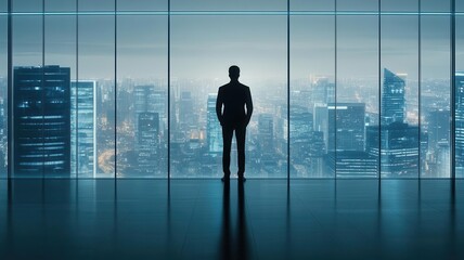 Person standing at a large floortoceiling window, their silhouette framed by the sprawling cityscape and neon lights at night