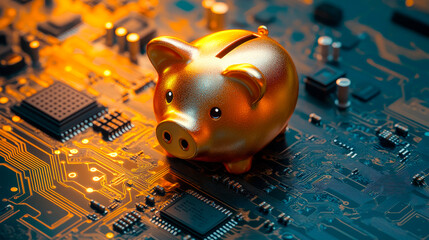 Financial concept. Golden piggy bank placed on computer circuit board.