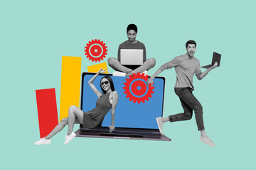 Poster - Composite photo collage of three happy business girls guy freelancer colleagues gearwheel settings laptop isolated on painted background