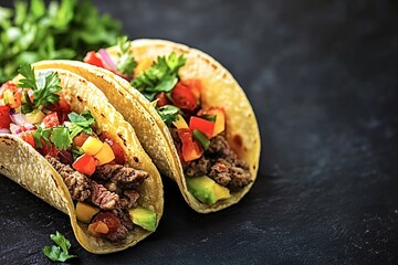 Two delicious tacos filled with meat and colorful toppings are lying on a dark slate countertop. The image is framed with copy space to the right