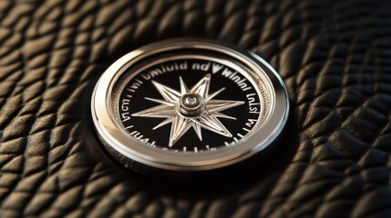 Close-up of a polished silver compass on a black leather surface. The needle pointing north, with soft ambient light reflecting on the metallic frame. Fine details of the engraving visible.