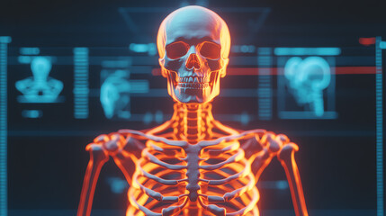 A glowing human skeleton is displayed against a dark background, showcasing detailed anatomical structures with a futuristic touch, ideal for educational and medical purposes.