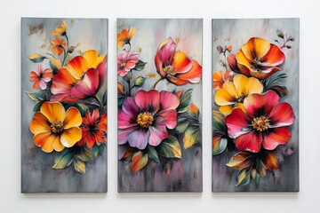 Oil paintings artwork, floral spring summer triptych, blooming flowers