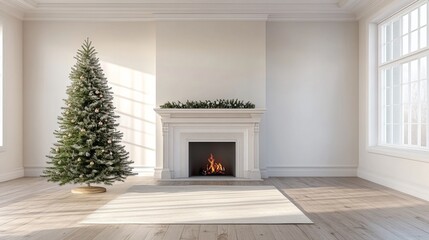 Fototapete - Christmas tree standing beside a fireplace in an empty room with white rug in front. High-quality photography and photorealistic rendering capture the serene holiday setting.