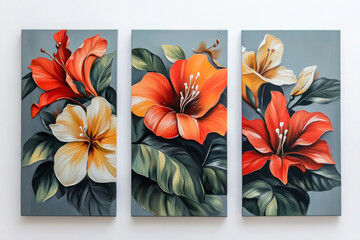 Oil paintings artwork, floral spring summer triptych, blooming flowers