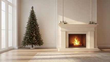 Fototapete - Christmas tree standing beside a fireplace in an empty room with white rug in front. High-quality photography and photorealistic rendering capture the serene holiday setting.