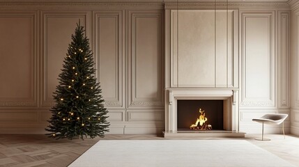 Fototapete - Christmas tree standing beside a fireplace in an empty room with white rug in front. High-quality photography and photorealistic rendering capture the serene holiday setting.