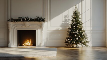 Fototapete - Christmas tree standing beside a fireplace in an empty room with white rug in front. High-quality photography and photorealistic rendering capture the serene holiday setting.