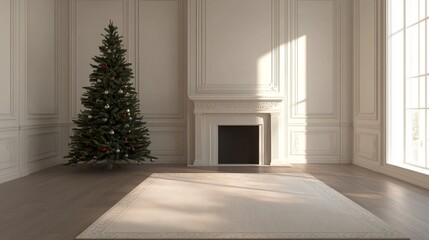 Fototapete - Christmas tree standing beside a fireplace in an empty room with white rug in front. High-quality photography and photorealistic rendering capture the serene holiday setting.