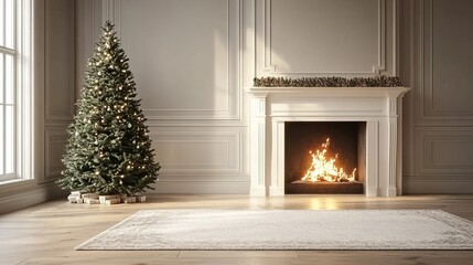 Fototapete - Christmas tree standing beside a fireplace in an empty room with white rug in front. High-quality photography and photorealistic rendering capture the serene holiday setting.