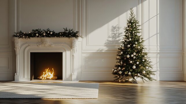 Christmas tree standing beside a fireplace in an empty room with white rug in front. High-quality photography and photorealistic rendering capture the serene holiday setting.