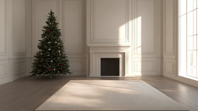 Christmas tree standing beside a fireplace in an empty room with white rug in front. High-quality photography and photorealistic rendering capture the serene holiday setting.