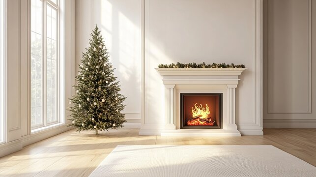 Christmas tree standing beside a fireplace in an empty room with white rug in front. High-quality photography and photorealistic rendering capture the serene holiday setting.