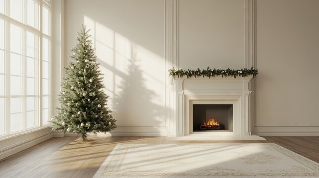 Christmas tree standing beside a fireplace in an empty room with white rug in front. High-quality photography and photorealistic rendering capture the serene holiday setting.